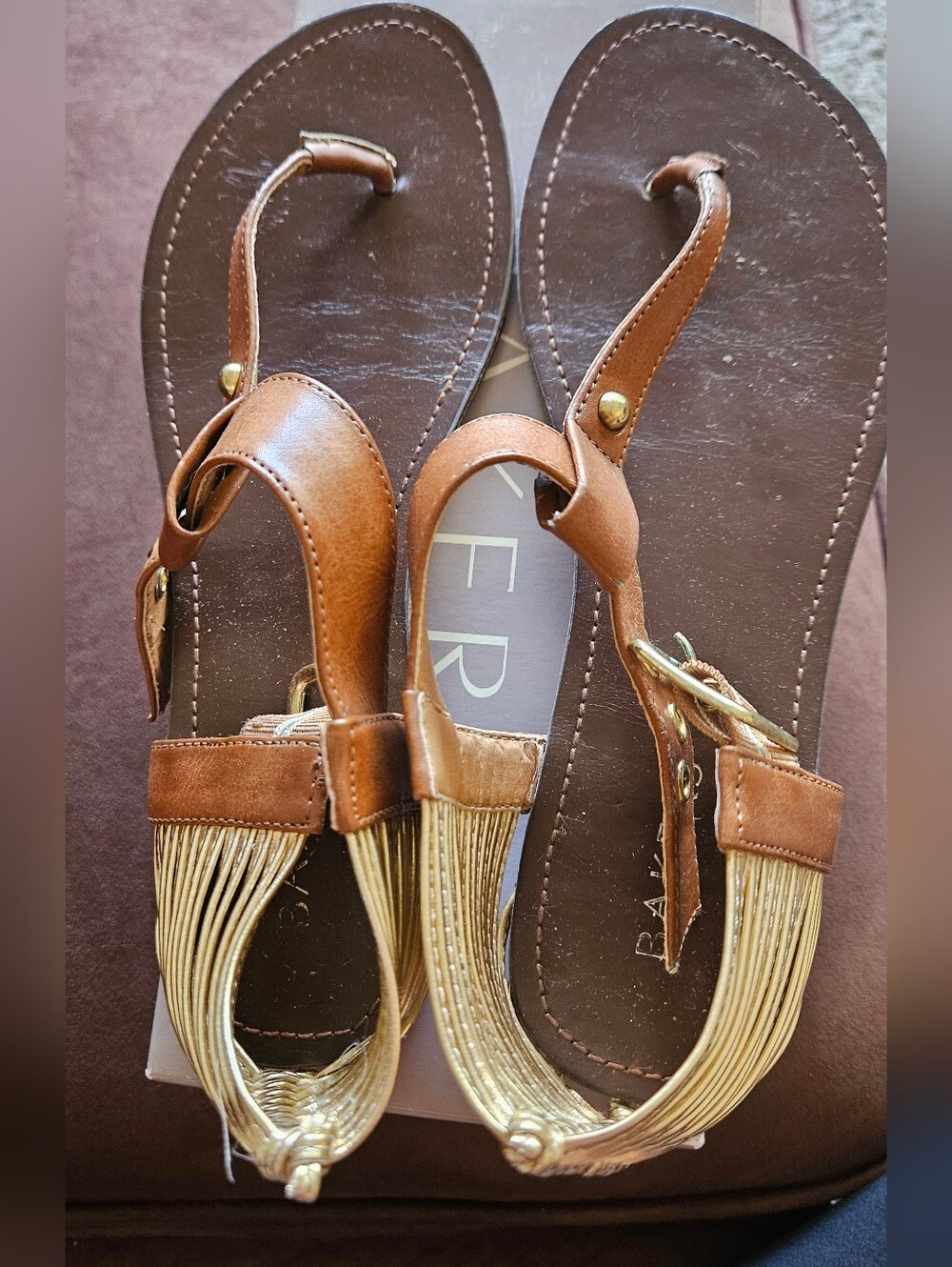 Brown Leather T-strap Sandals with Gold Accents